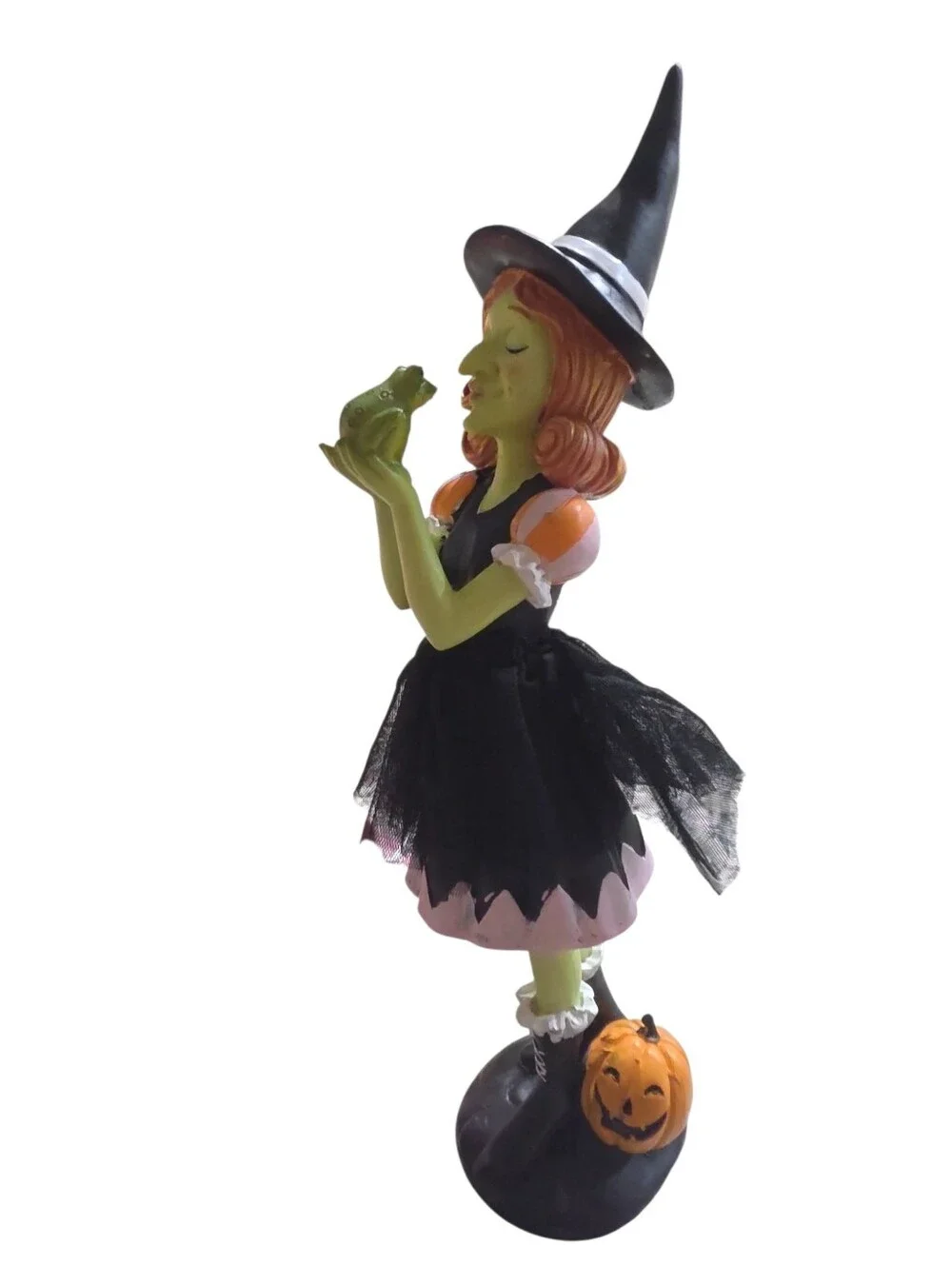 Broomstick Halloween NWT Whimsical Black & Green Face Resin Witch & Frog Decor